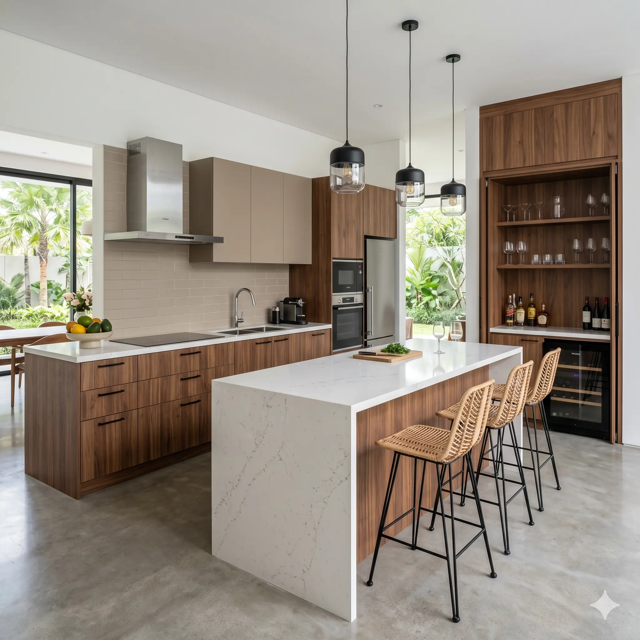 Kitchen set custom dan mini bar menghadirkan area memasak sekaligus ruang berkumpul yang lebih nyaman