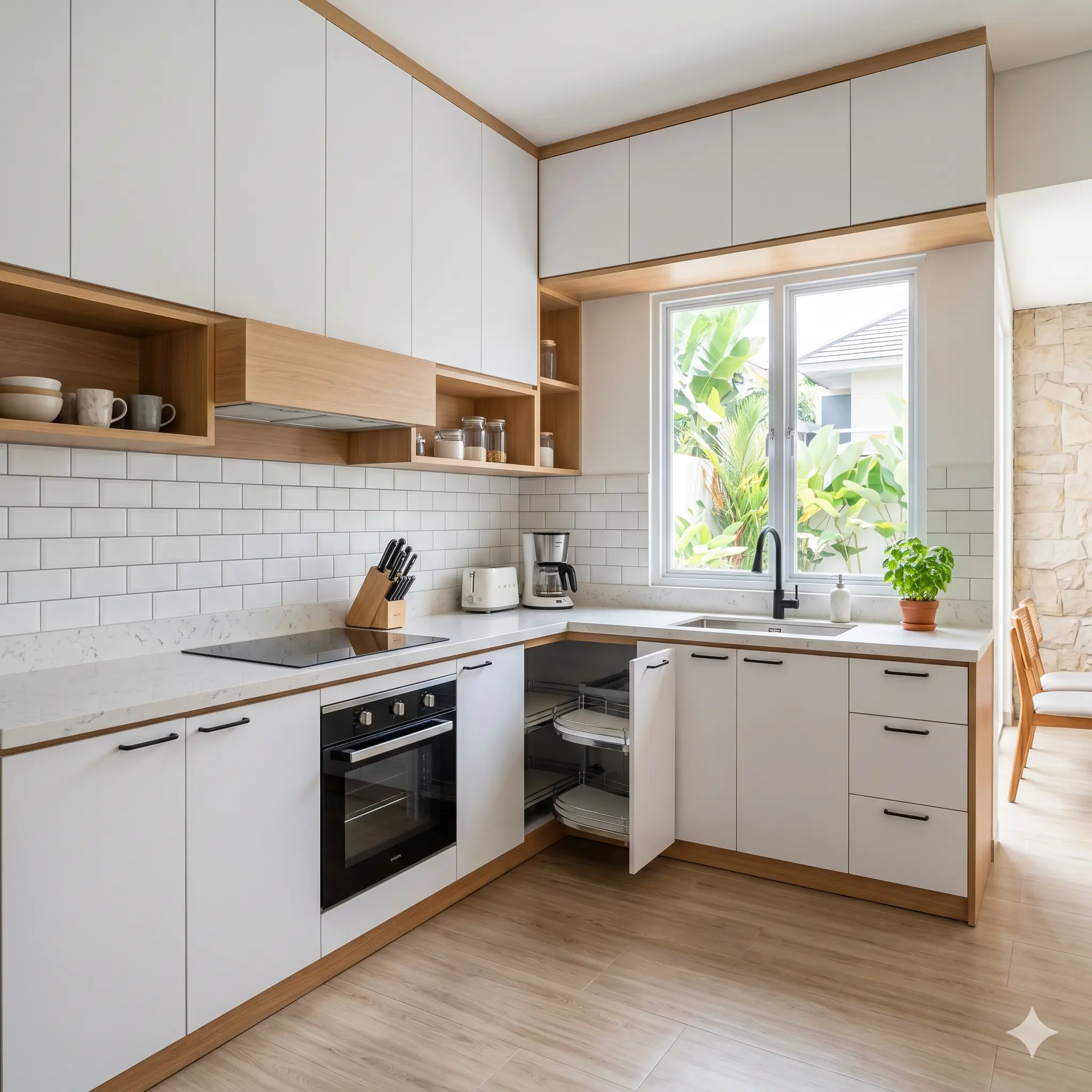 Kitchen set letter L membantu memaksimalkan sudut ruangan dan menambah kapasitas penyimpanan dapur