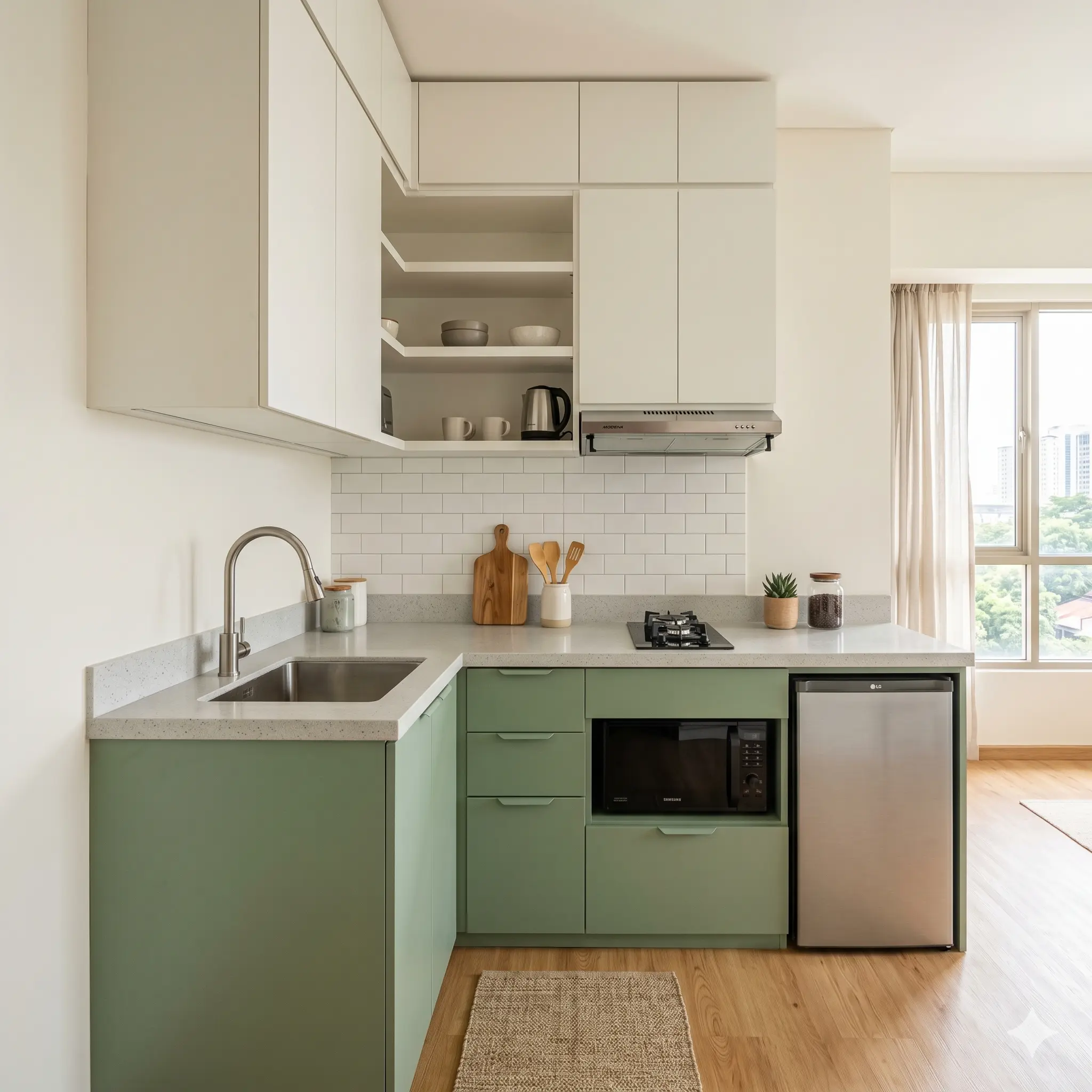 Kitchen set dan island table menciptakan area memasak yang lebih nyaman untuk aktivitas keluarga