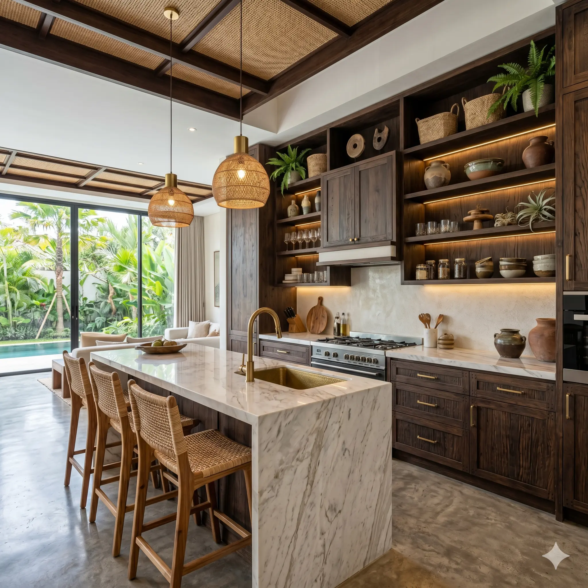 Kitchen set custom dan rak display memberikan keseimbangan antara fungsi dan estetika interior